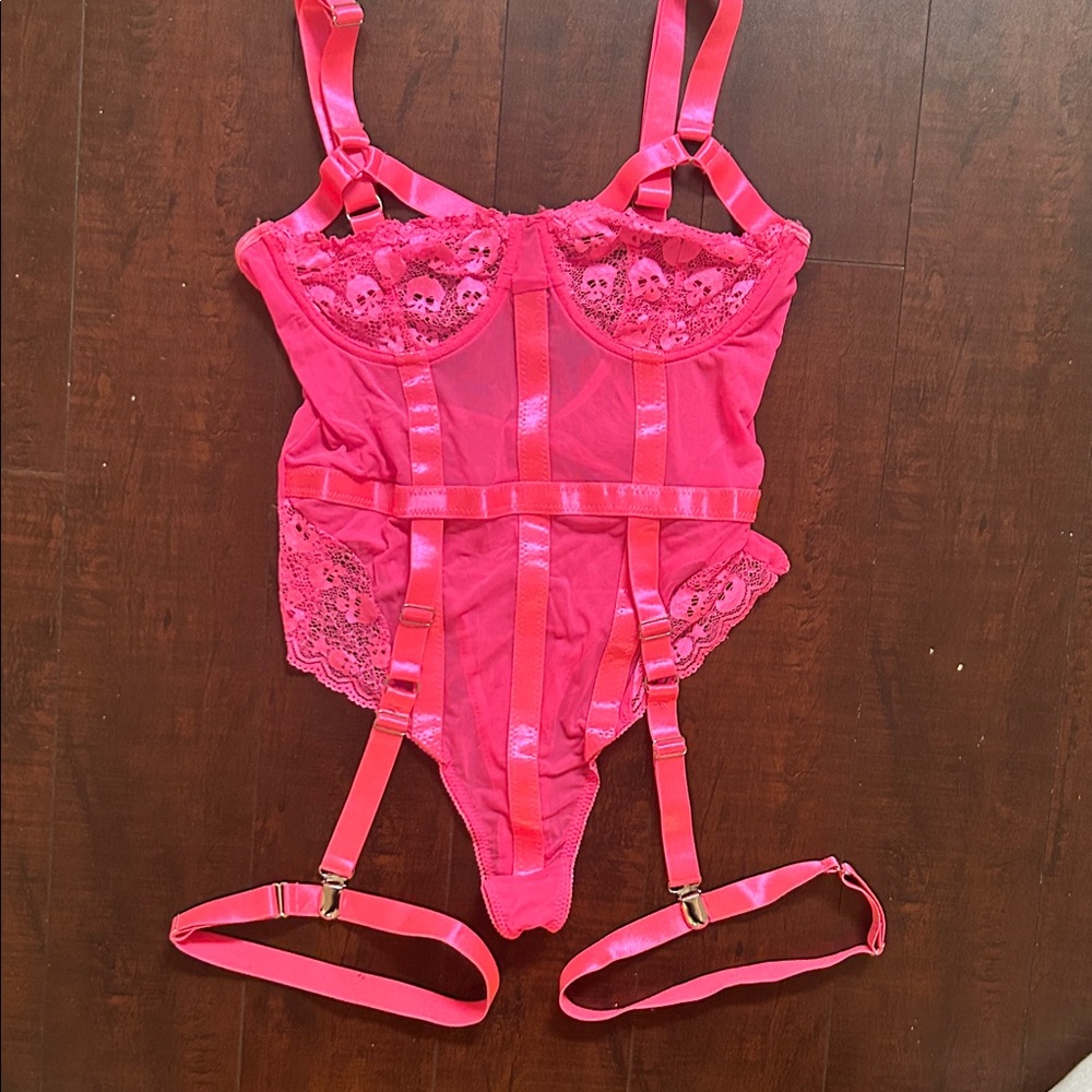 Pink Skull Lace Teddy Lingerie One Piece